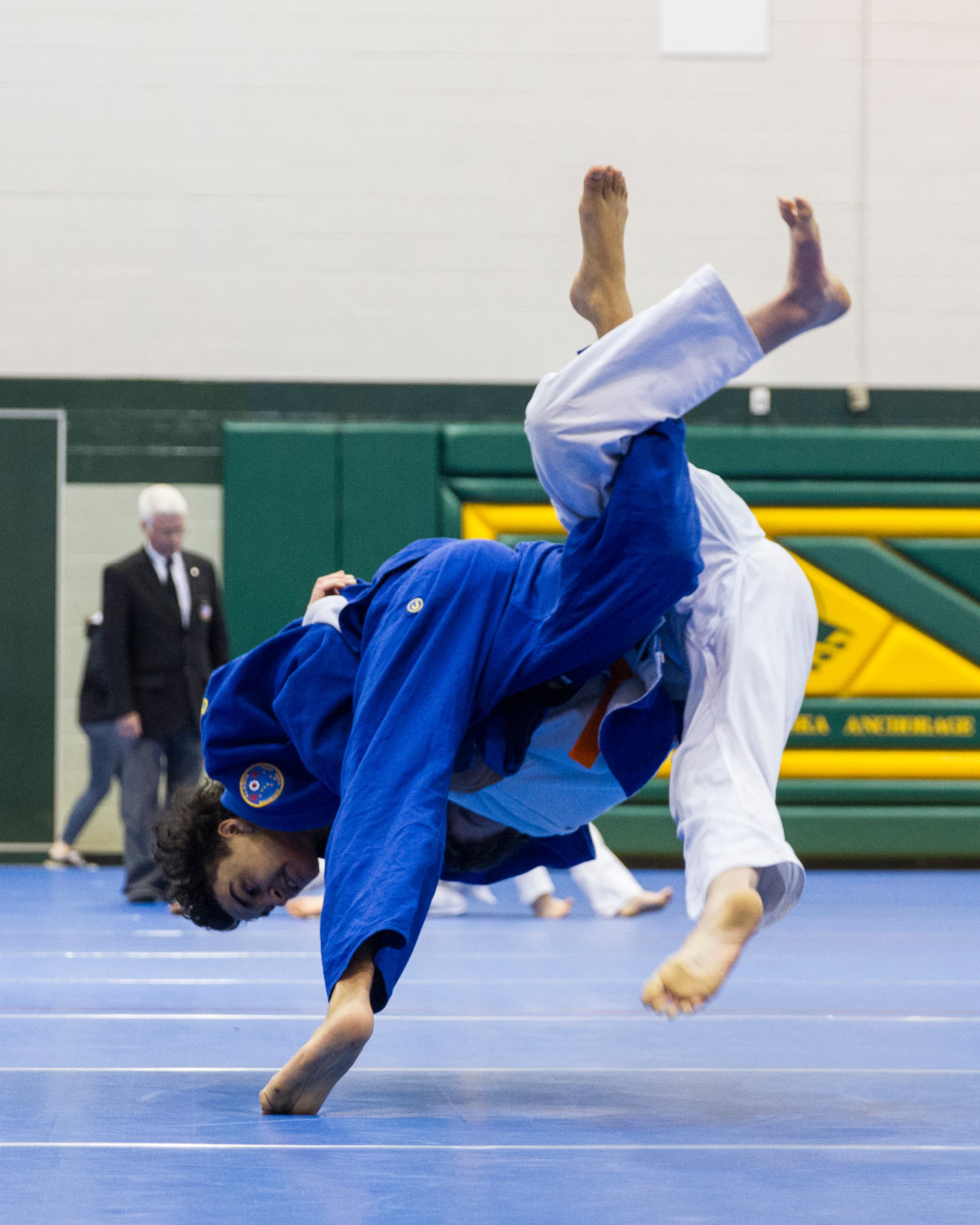 Sports competition — peak action frozen at the decisive moment