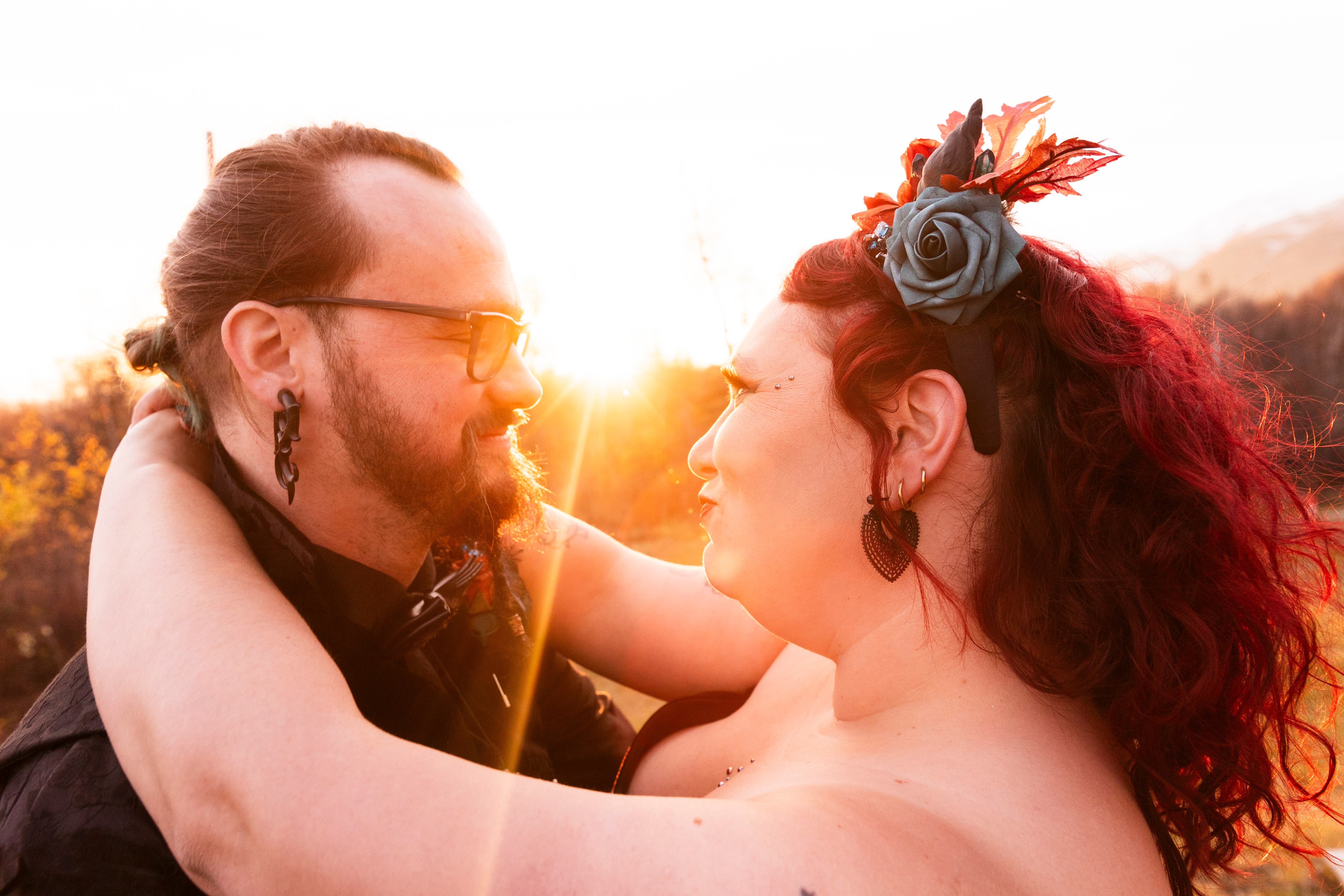 Post-ceremony portrait of bride and groom in a natural setting